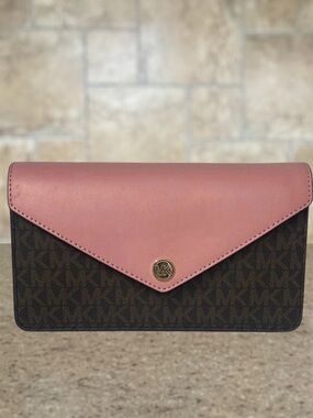 Michael Kors Small Envelope Crossbody Pink & Brown MK Signature Logo Primrose